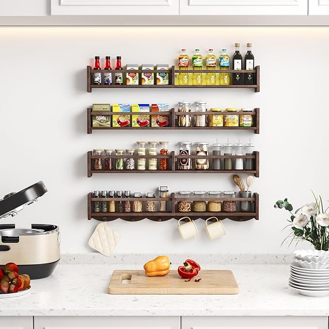 34Inch Nursery Bookshelves,Set of 4,Wall Floating Shelf Kids Coat Rack with 6Hooks,Hanging Book Shelf for Baby Nursery Room Décor (Dark Brown, 34)-CubbioJoy