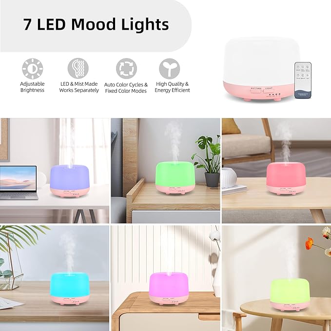 300ML Essential Oil Diffusesrs Remote Control, Aromatherapy Ultrasonic Diffuser, Cool Mist Aroma Humidfier Diffuser, 7 Color Changing LED Light, Auto-Off, Timer for Home, Room, Office, Kids.(Pink)-CubbioJoy