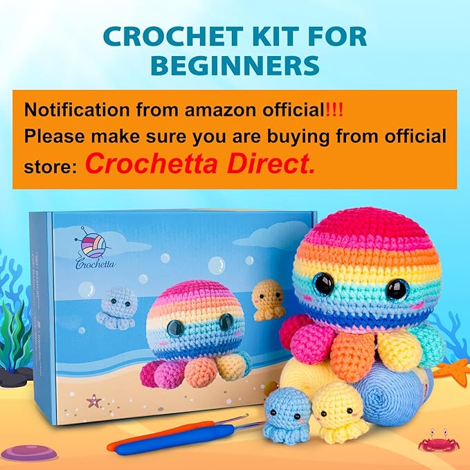 Crochetta Crochet Kit for Beginners, Crochet Kit Step-by-Step Video Tutorials, Crochet Starter Kit Learn to Crochet Kits for Adults Kids Beginners, Jumbo 3 Colorful Octopus Familly (40%+ Yarn Content)-CubbioJoy