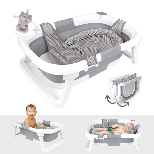 BEBELEH™ Collapsible Baby Bathtub – Bathtub + Baby tub Sling + Newborn Sling – Baby Bathtub Newborn to Toddler 0-24 Months – The Ultimate Travel Baby Bath Tub and Everyday Use! (Gray)-CubbioJoy