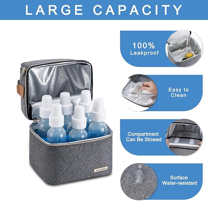 Breastmilk Cooler Bag with Ice Pack Fits 6 Baby Bottles up to 9 Ounce, Breast Milk Pump Cooler Bag with Shoulder Strap for Nursing Mom Daycare, Work, Travel- Dark Grey-CubbioJoy