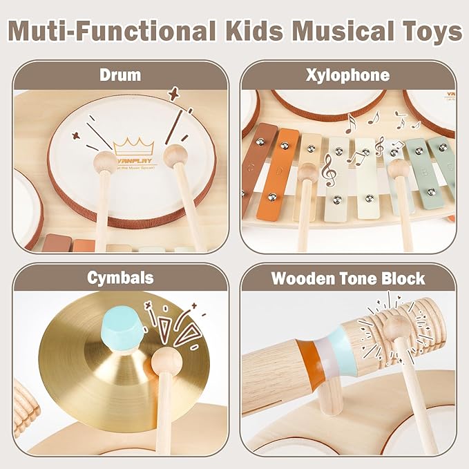 Drum Set - 9 in 1 Musical Instruments for for Toddlers 3+, Wooden Montessori Toys for Boy & Girls Easter Birthday Gifts, Musical Drum Set with Xylophone for Kids 3 4 5 6-CubbioJoy