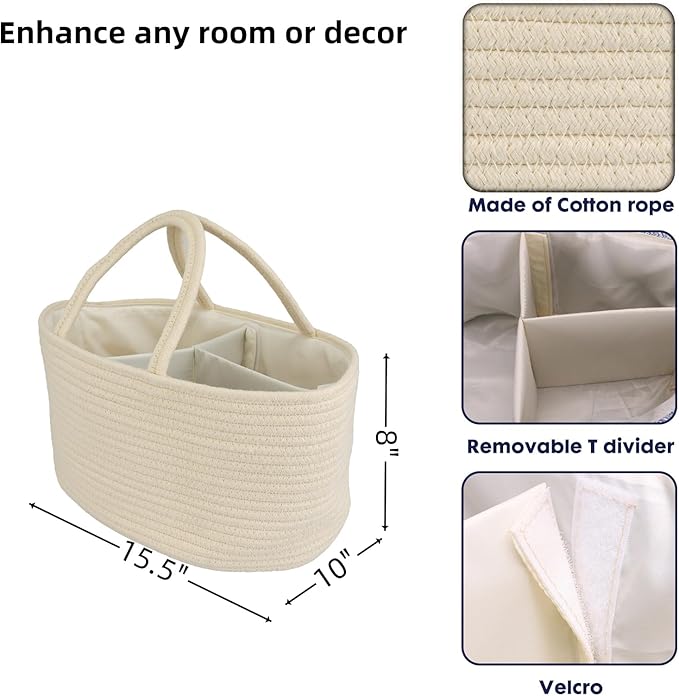 Diaper Caddy Organizer Cotton Rope Baby Basket Nursery Storage and Portable Tote Bag for Car Ideal Baby Shower Gifts and Registry Must-Have for Newborn Essentials Large beige-CubbioJoy