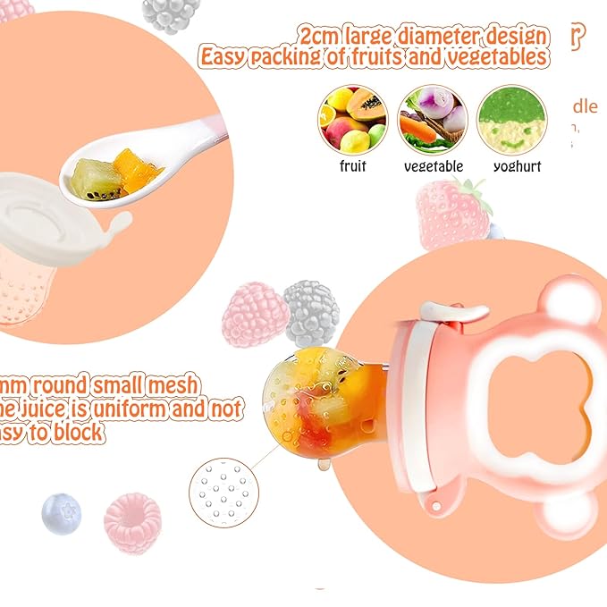 Baby Fruit Food Feeder - Silicone Nibble Tray Combo - Breastmilk Popsicle Mold for Cooling Relief, BPA Free Mesh Feeder for Infant Self Feeding (Monkey Pink + Pineapple)-CubbioJoy