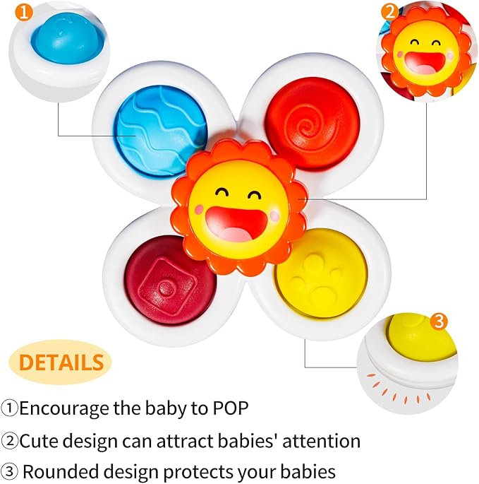 ALASOU 3PCS Pop Suction Cup Spinner Toys for 1 Year Old Boy Girl|Novelty Spinning Tops Toddler Toys Age 1-2|Sensory Baby Bath Toy for Toddlers 1-3|12 18 Months Boy Birthday Gift for Infant-CubbioJoy