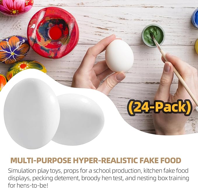 CALPALMY 24 Pieces Hyper-Realistic White Wooden Eggs - 2 Dozen Fake Easter Eggs for Painting, Decorating, Crafting, Pretend Play, Simulation Toys, Fake Food, Nest Box Training-CubbioJoy