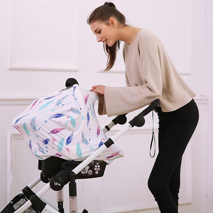 Carseat Canopy Covers for Breastfeeding - Baby Car Seat Covers Breastfeeding Cover Multi Use Boys and Girls Shower Gifts (Feather)-CubbioJoy