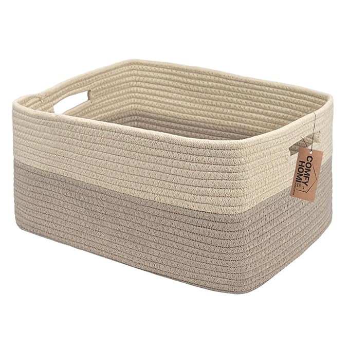 COMFY-HOMI Cotton Rope Woven Basket with Handles for Shelves,Toys,Book, Cloth Storage Baskets for Organizing-17" x 13" x 7.5" Toy Decorative Organizer for Living Room, Bathroom （Beige brown）-CubbioJoy