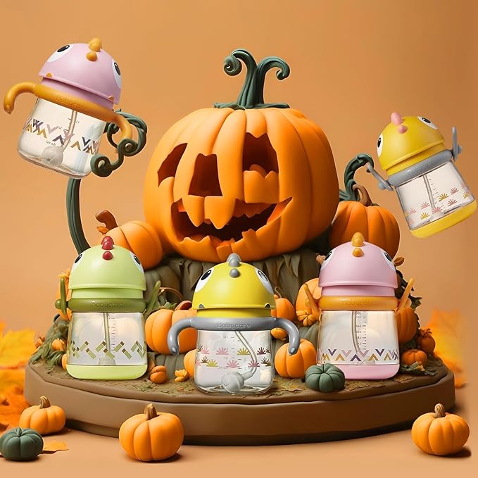 bc babycare Straw Sippy Cups for Toddler, No Spill Sippy Cups for Baby 1+ Year Old, Transition Weighted Sippy Cup with Straw and Strap, 10oz/300ml, Pink-CubbioJoy