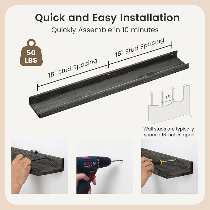 36 Inches Floating Shelves for Wall, Solid Pine Wood Picture Ledge Shelves, Wall Shelves with Lips, Nursery Book Shelves for Toys Storage Living Room Bedroom Photo Frames (2 Pcs, Grey)-CubbioJoy