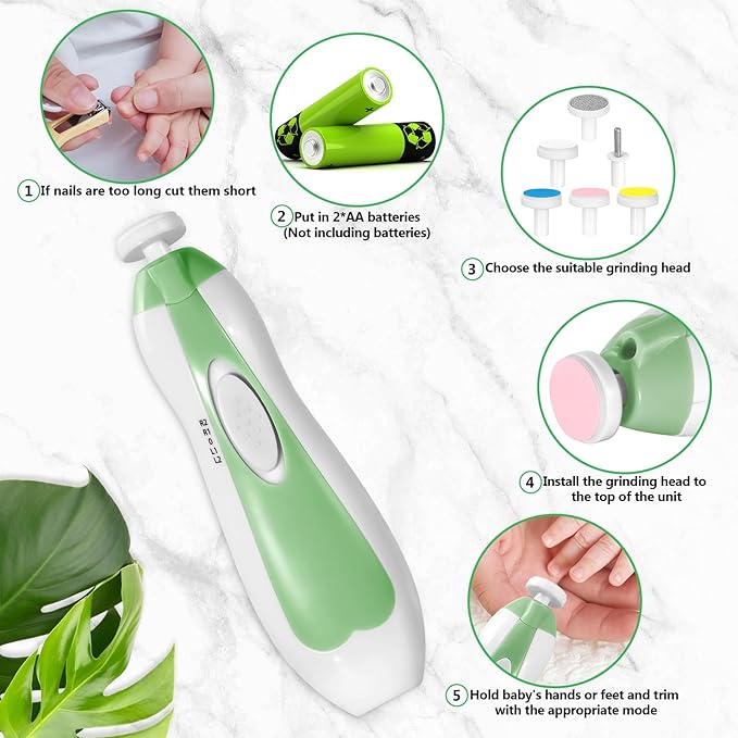 Baby Nail Trimmer Electric, 6 in 1 Baby Nail File Clippers Infant Grooming Kit Manicure Set for Toddler or Adults, Green-CubbioJoy