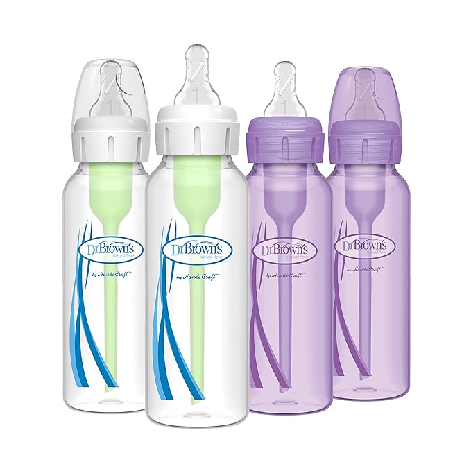 Dr. Brown’s Natural Flow® Anti-Colic Options+™ Narrow Baby Bottles, 8 oz/250ml, with Level 1 Slow Flow Nipple, 4 Pack, Purple/Clear-CubbioJoy