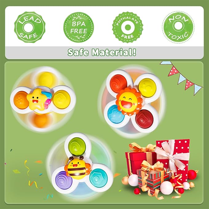 ALASOU 3PCS Pop Suction Cup Spinner Toys for 1 Year Old Boy Girl|Novelty Spinning Tops Toddler Toys Age 1-2|Sensory Baby Bath Toy for Toddlers 1-3|12 18 Months Boy Birthday Gift for Infant-CubbioJoy