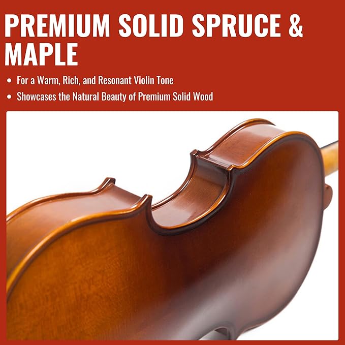 4/4 Full Size Violin for Adults - Solid Wood, Spruce Top, Maple Back, Pro Brazilwood Bow, Hard Case, Shoulder Rest, Electronic Tuner, Extra Strings & Rosin (MVA-800)-CubbioJoy