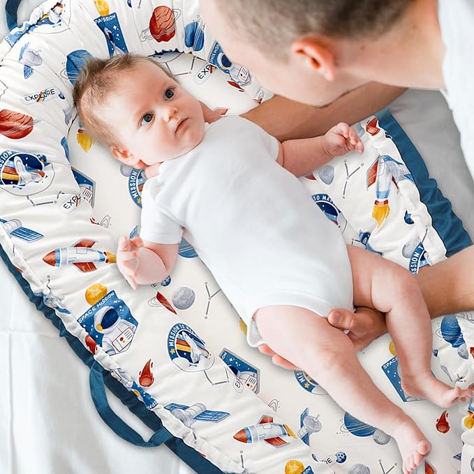 Baby Lounger Cover for Boys Girls, Reversible Baby Nest Cover, Adjustable Baby Lounger Replaceable Cover for Infant Newborn, Portable and Machine Washable, Cotton Blue Rocket Cover Only-CubbioJoy