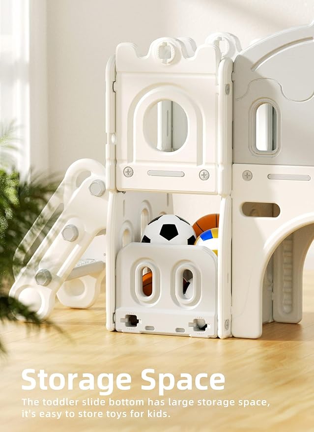 8 in 1 Toddler Slide Set, Kids Slide for Toddlers Age 1-3, Toddler Climber Slide PlaySet with Basketball Hoop,Outdoor Indoor Playground for Toddlers 1-3, White Gray-CubbioJoy