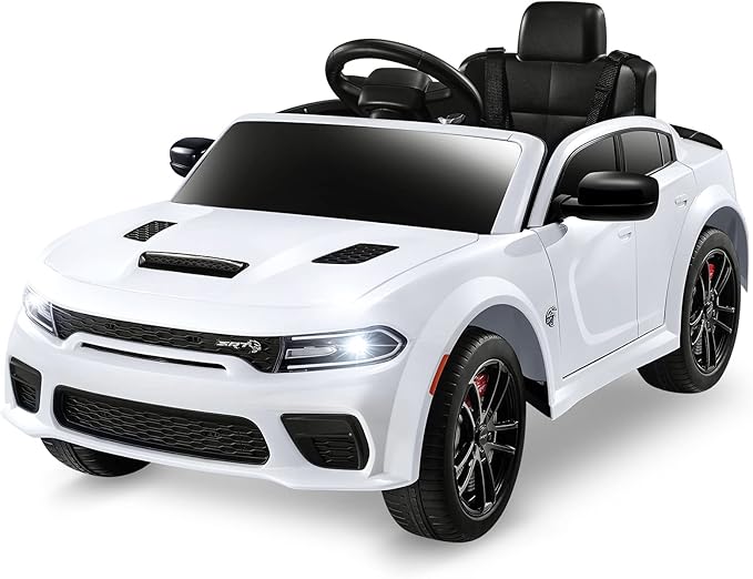12V 7Ah Kids Electric Ride on Car, Licensed Dodge Charger SRT Hellcat, Battery Powered 4-Wheels Toy Car Electric Vehicle for Kids with Remote Control, 3 Speeds, LED Lights, Music (White)-CubbioJoy