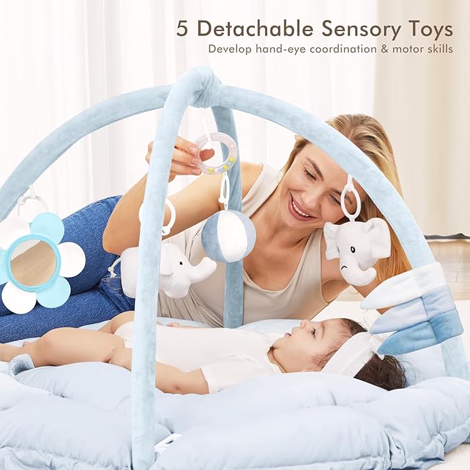 ANGELBLISS 5 in 1 Baby Play Gym Mat, Reversible Tummy Time Mat with 5 Sensory Toys for Stage-Based Developmental, Thick & Large Baby Activity Center from Newborn to Toddler (Light Blue)-CubbioJoy