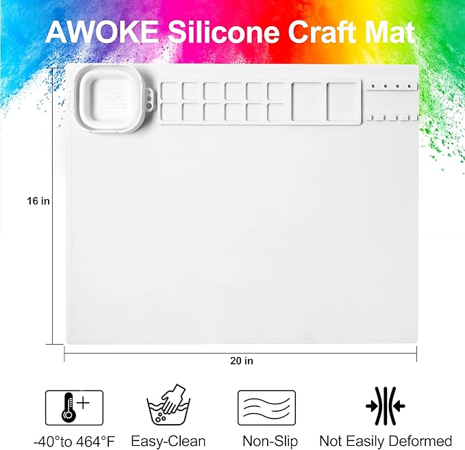 AWOKE Silicone Painting Mat - 20"X16" Silicone Art Mat with 1 Water Cup for Kids - Craft Mat has12 Color Dividers - 2 Paint Dividers (White),Toddler Activities,3 4 5 Year Old Girl Boy Birthday Gifts-CubbioJoy