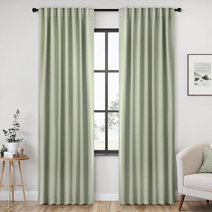 ANRODUO Back Tab Blackout Curtains for Bedroom Living Room, Rod Pocket Pinch Pleated Thermal Insulated Room Darkening Curtains 92 Inches Long 2 Panels, Sage Green, 42 x 92 Inch-CubbioJoy