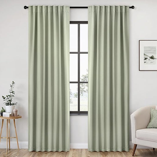 ANRODUO Back Tab Blackout Curtains for Bedroom Living Room, Rod Pocket Pinch Pleated Thermal Insulated Room Darkening Curtains 92 Inches Long 2 Panels, Sage Green, 42 x 92 Inch-CubbioJoy