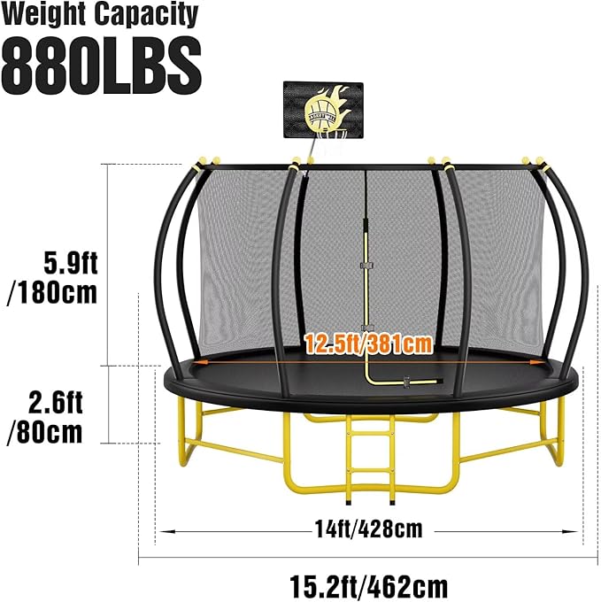 14FT Pumpkin Trampoline with Basketball Hoop, Balance Bar and Enclosure Net, Outdoor Trampoline for Kids and Adults, Capacity 880 lbs-CubbioJoy