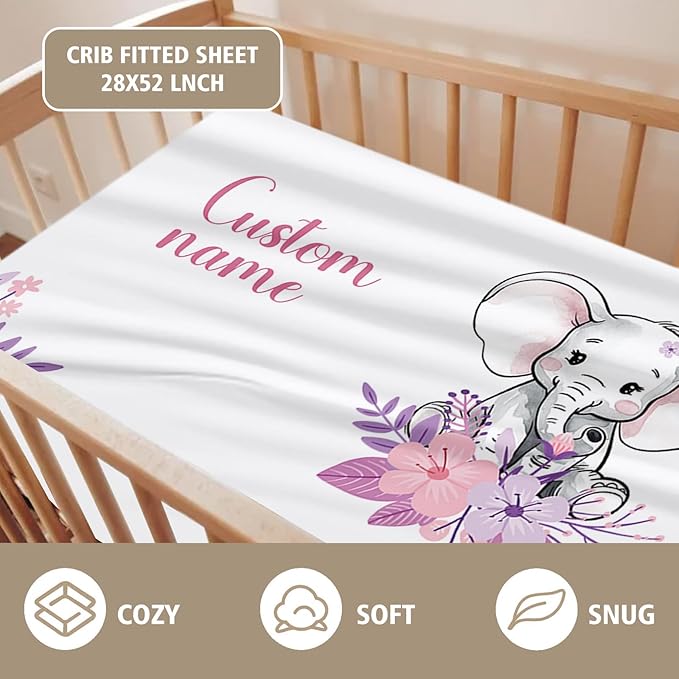 Custom Name Crib Bedding Set - Elephant Theme, Personalized Purple FlowerNursery Bedding 3-Piece Set– Soft Blanket, Fitted Sheet, Changing Pad Cover – for Newborns Girls Nursery Gifts-CubbioJoy