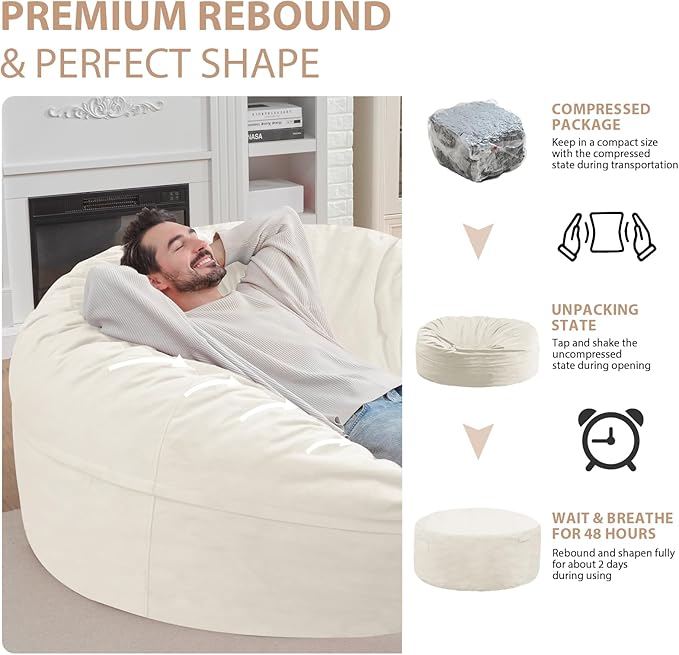 6FT Bean Bag Chair, Large Bean Bag Chairs with Memory Foam Filled, Fluffy Beanbag Sofa with Dutch Velvet Cover, Round BeanBag Chairs for Living Room, Playroom- Beige-CubbioJoy