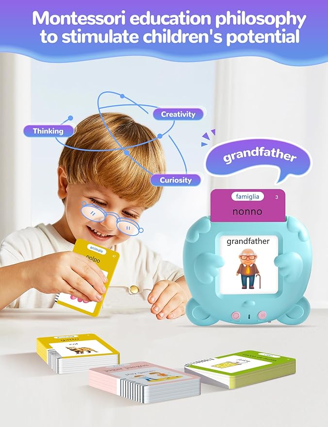 Italian and English Talking Flash Cards for Toddlers, 510 Sight Words Bilingual Learning Toys for Children, Autism Pocket Speech Therapy Toys, Italiano Vocabulary Educational Flashcards-CubbioJoy