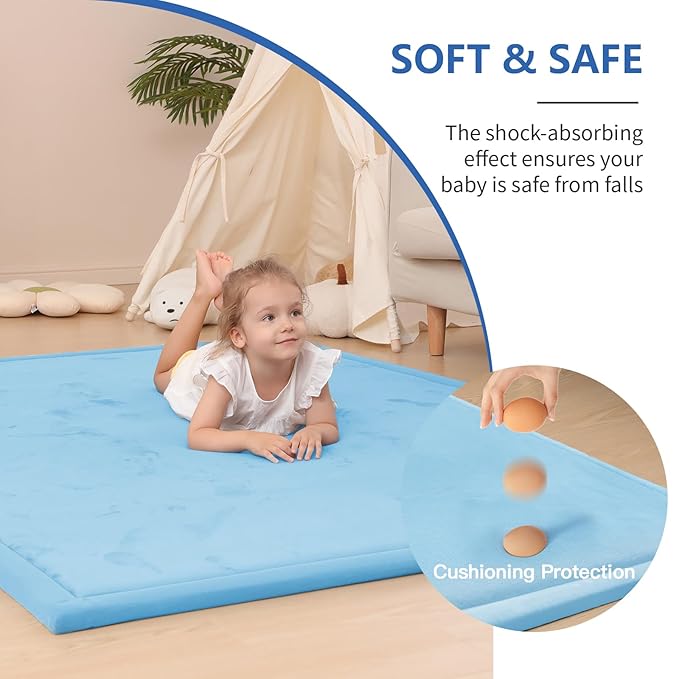 Baby Play Mat for Floor,1.3" Thick Elasti-Foam 50x50 Playpen Mat for Toddlers Infant kids,Water-Repellent Soft Coral Velvet for Tummy Time,Non-Slip Backing for Crawling,Tatami Style(Light Blue)-CubbioJoy