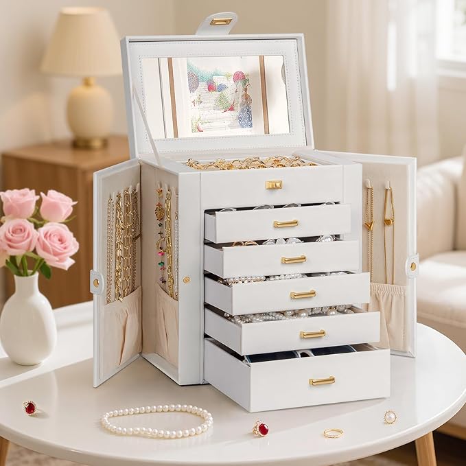 AKOZLIN 6-Tier Jewelry Box Organizer Functional 5 Drawers Leather Jewelry Storage Case for Women Girls Ring Necklace Earring Bracelet Holder Organizer with Mirror White-CubbioJoy