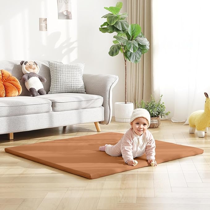 Baby Play Mat 48"x48" – Thick, Non-Slip Foam Mat for Babies and Toddlers. Foldable, Scrubbable, Odorless, and Soft, Ideal for Playpens, Crawling, and Indoor Playtime-Brown-CubbioJoy