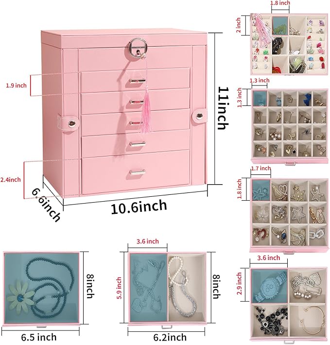 BOOVO Jewelry Box For women, 6 Layer Large Jewelry Organizer With Mirror, Multi-Function Storage Box With Lock, Accessory Holder With 5 Drawers, For Earrings Necklace Ring Bracelet (Pink)-CubbioJoy