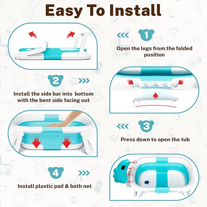 AVIDOR Baby Bathtub,Collapsible Bathtub for Newborn to Toddler,Durable Essential Infant Bath Tub,Portable Travel Baby Tub with Soft Bath Net,No-Slip Feet and Dinosaur Shaped (Light Blue)-CubbioJoy