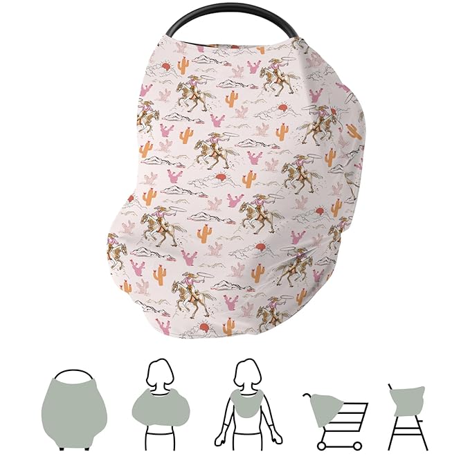 Cute Pink Cowgirl Car Seat Cover for Baby Western Cowgirls Horse Cactus Mountain Sunset Stretchy 5-in-1 Covers Adjustable Infant Carseat Canopy Cover Wild West Desert Breathable Nursing Cover-Up-CubbioJoy