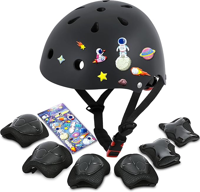 Kids Bike Helmet with DIY Stickers and Knee Pads Elbow Pads Wrist Guard Set for Ages 3-8-14 Toddler Boys Girls Helmet for Roller Skates Cycling Skateboarding Bicycle Scooter-CubbioJoy