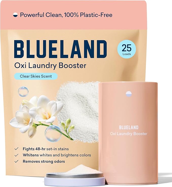 BLUELAND Oxi Laundry Booster Powder with Tin, Starter Set, Clear Skies Scent, 25 Loads, 17.6 oz, Plastic-Free, Eco Friendly, Oxy Cleaner, Stain Remover-CubbioJoy
