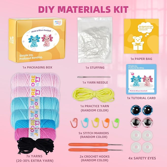 Crochet Kit for Beginners, Crochet Animal Kits,Crocheting Kit for Starters with Step-by-Step Video Tutorials, Beginner Crochet Kits for Adults (2Pack Axolotl)-CubbioJoy