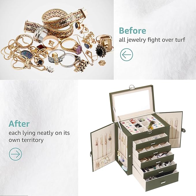 BOOVO Jewelry Box For women, 6 Layer Large Jewelry Organizer With Mirror, Multi-Function Storage Box With Lock, Accessory Holder With 5 Drawers, For Earrings Necklace Ring Bracelet (Army green)-CubbioJoy