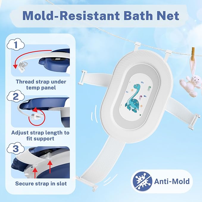 AVIDOR Baby Bathtub,Collapsible Bathtub for Newborn to Toddler,Durable Essential Infant Bath Tub,Portable Travel Baby Tub with Soft Bath Net,No-Slip Feet and Dinosaur Shaped (Navy Blue)-CubbioJoy