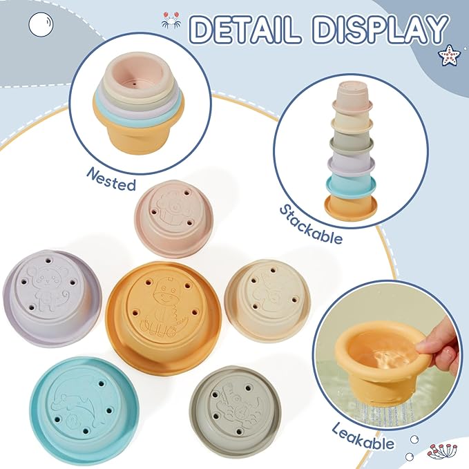 Bath Toys, 21PCS | Montessori Toys for Babies with Shapes for Sorting Play & Stacking Cups | Bath Boats & Spoon with Storage Container | Educational & Mold Free Bathtub Water Toys for Toddler Gifts-CubbioJoy