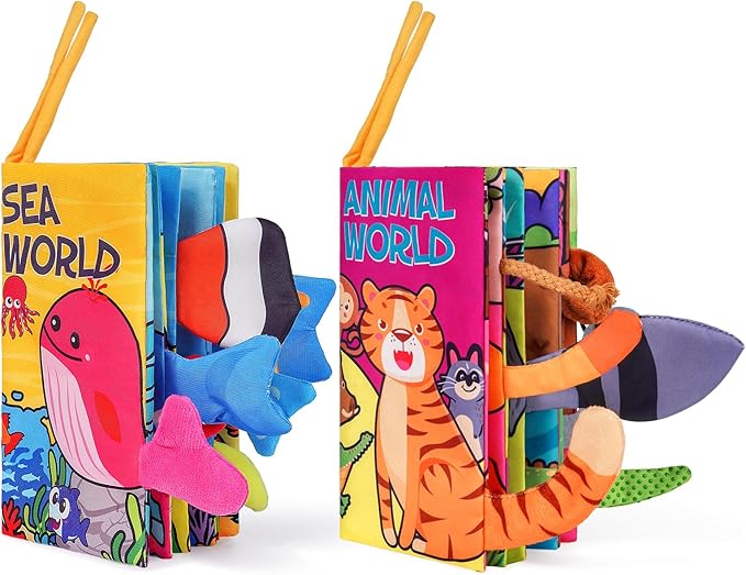 Baby Books 0-6 Months, 2PCS Crinkle Books for Babies, Touch and Feel Sensory Cloth Book 6-12 Months, Tummy Time Toys, Baby Toys for Newborn 6 Page Pink-CubbioJoy