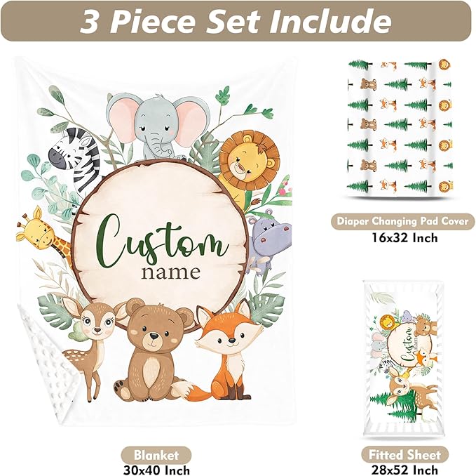 Custom Name Crib Bedding Set - Animal Theme, Personalized Nursery Bedding 3-Piece Set– Soft Blanket, Fitted Sheet, Changing Pad Cover – for Newborns Boys Girls Nursery Gifts-CubbioJoy