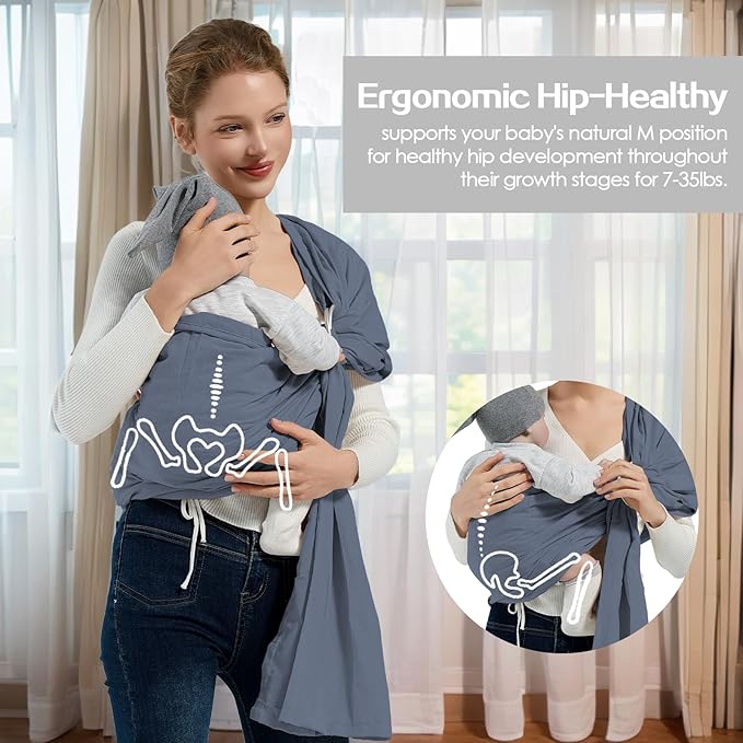 Baby Wrap Ring Sling 7-35 lbs, Baby Sling Carrier for Newborn, Toddler, Infant Holder, Lightweight Baby Carrier Wraps, Blue-CubbioJoy