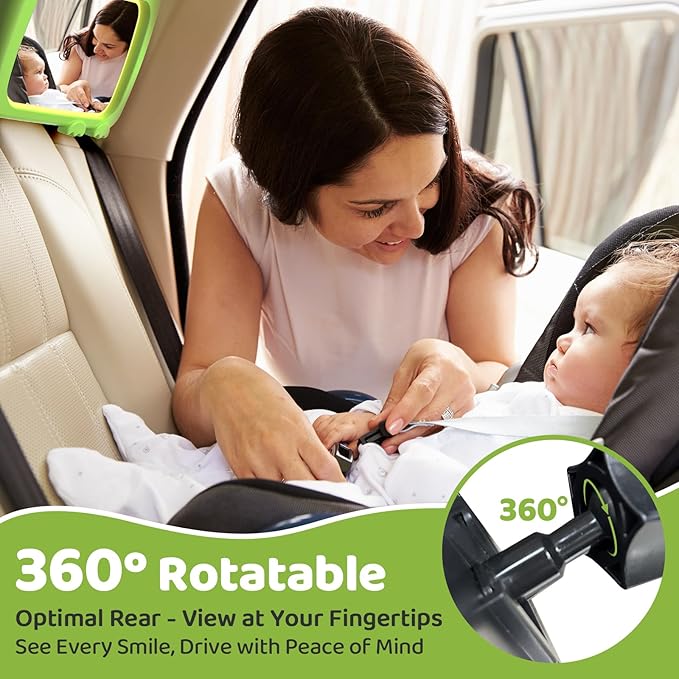 2-in-1 Baby Car Mirror with Lights & Soft Sounds, Cry Detector, Clear Night View, 360° Rotation, Shatterproof, Rear Facing Baby Car Seat Mirror with Remote Control, Perfect Baby Shower Gifts (Green)-CubbioJoy