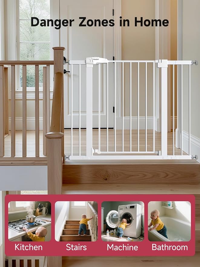 36.2" Extra Tall Baby Gate for Stairs, 29.5-46" Wide Dog Gate for Doorways, Walk Thru Auto Close Metal Child Gate for The House, Stairs and Doorways, Pet Gate Pressure Mounted Dog Gate Indoor (White)-CubbioJoy