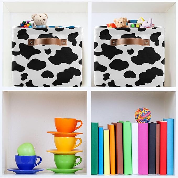 Black White Cow Skin Print Storage Basket Cube Storage Bins Organizer Bag Collapsible Closet Shelf Baskets with handle for Baby Cloth Pet Toy Book 14.2×10.2×8.3 IN-CubbioJoy