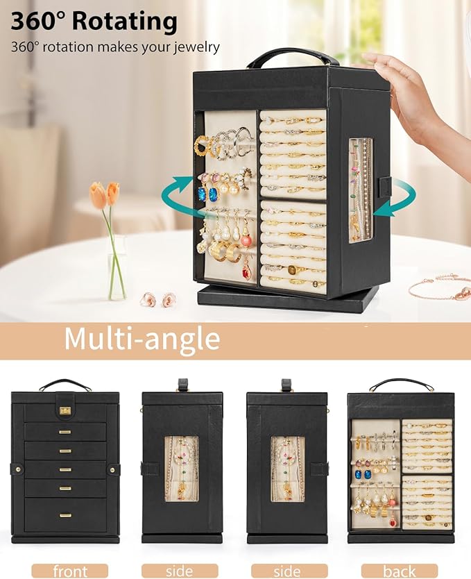 AKOZLIN Jewelry Box 6-Tier Organizer Functional 360° Rotating Jewelry Storage Case for Women Girls Ring Necklace Earring Bracelet Holder with Mirror-CubbioJoy