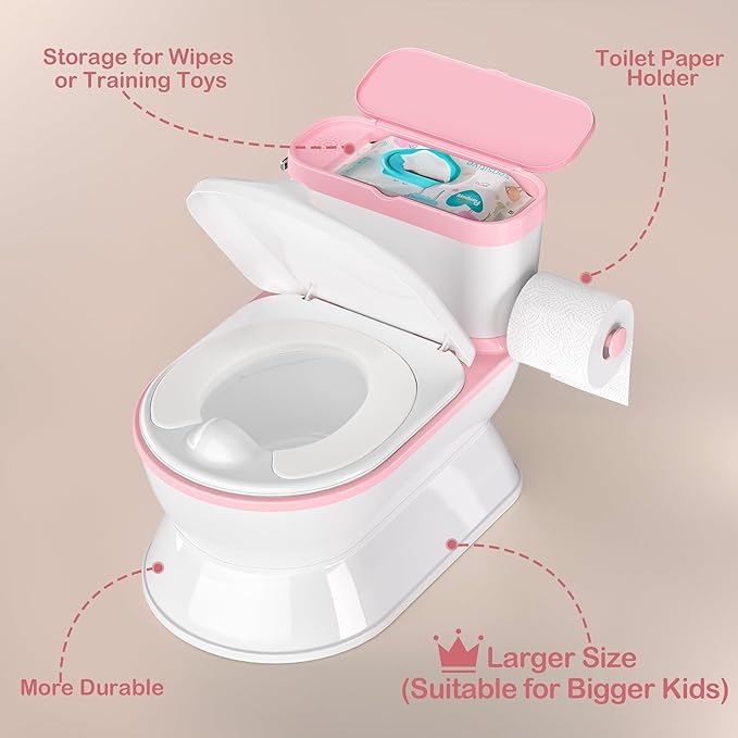 2-in-1 Toddler Potty Training Toilet - Larger Potty Chair & Detachable Training Seat for Boys & Girls Ages 1-3 with Flushing Sound, Wipes Storage, Toilet Paper Holder - Pink-CubbioJoy
