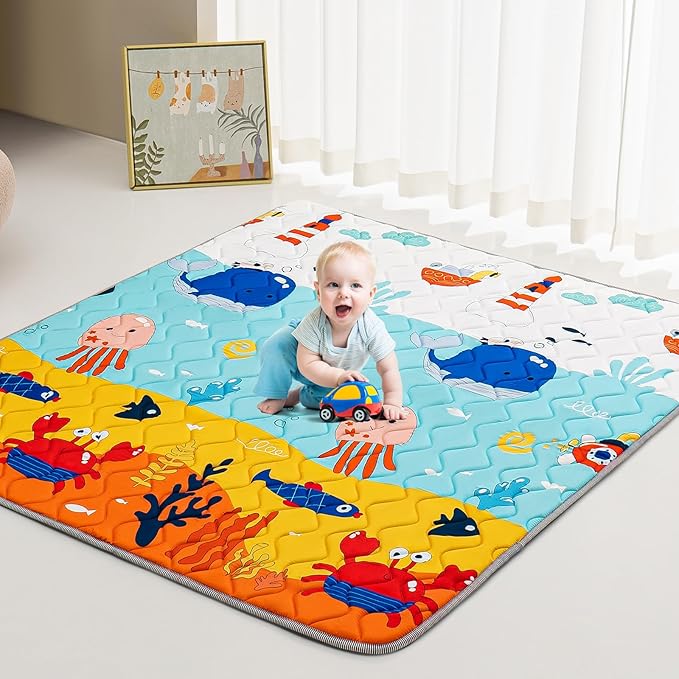 Baby Play Mat - Thicken 50x50 Inch Soft Foam Crawling Mat for Playpen & Floor, Non-Slip Waterproof Playmats for Infants & Toddlers, Portable Foldable & Machine Washable, Ocean World-CubbioJoy